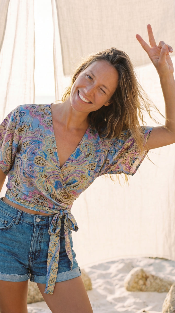The "Zia" Silk Wrap Top – Available in Sun Yellow, Burnt Orange & Teal Green