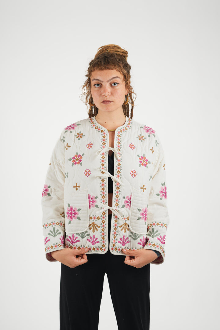 The "Lila" Quilted Jacket – Cream & Pink Folk Embroidery