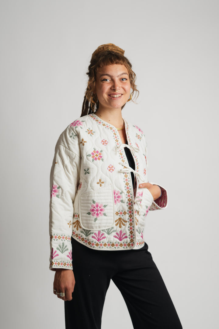 The "Lila" Quilted Jacket – Cream & Pink Folk Embroidery