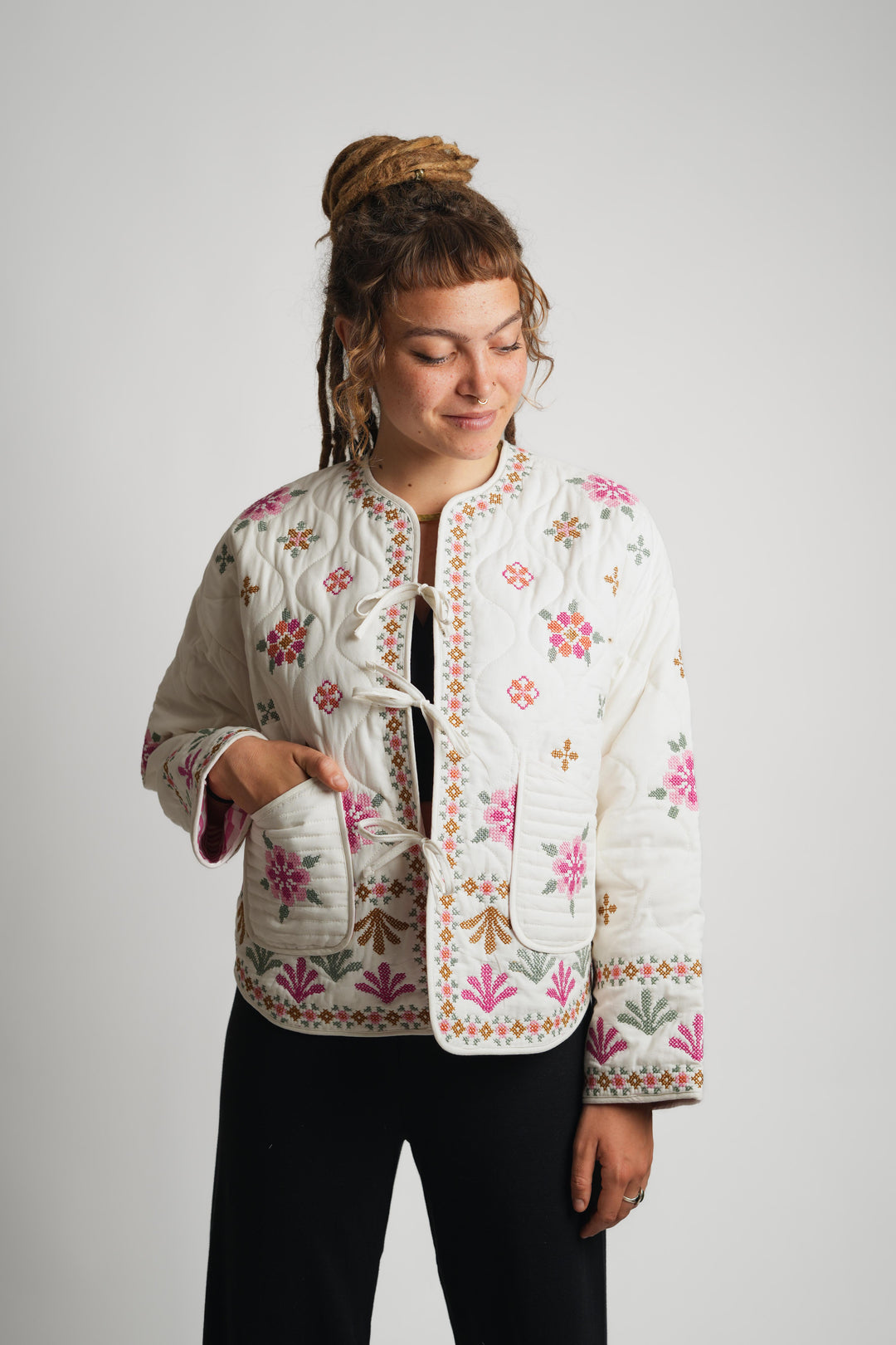 The "Lila" Quilted Jacket – Cream & Pink Folk Embroidery
