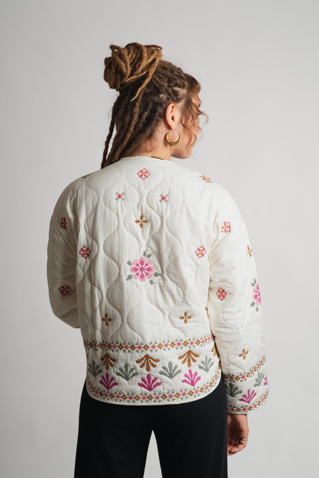 The "Lila" Quilted Jacket – Cream & Pink Folk Embroidery