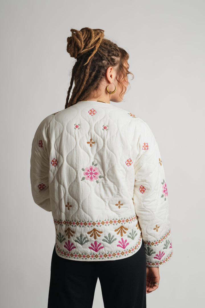 The "Lila" Quilted Jacket – Cream & Pink Folk Embroidery