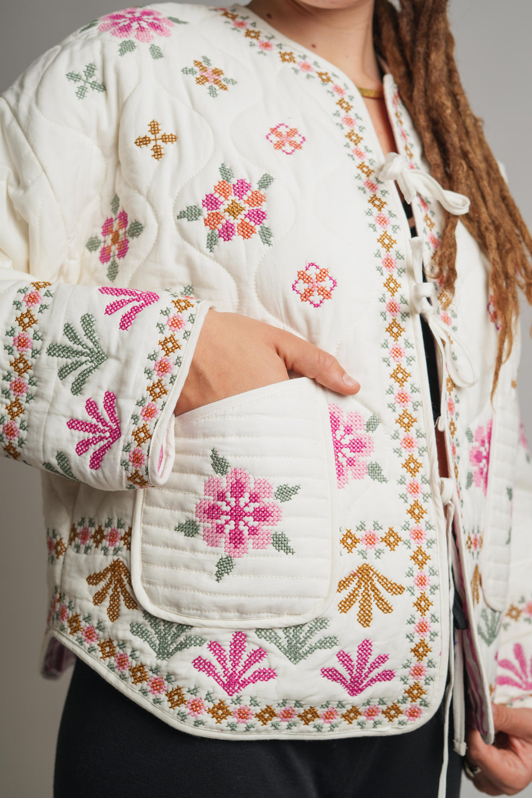 The "Lila" Quilted Jacket – Cream & Pink Folk Embroidery