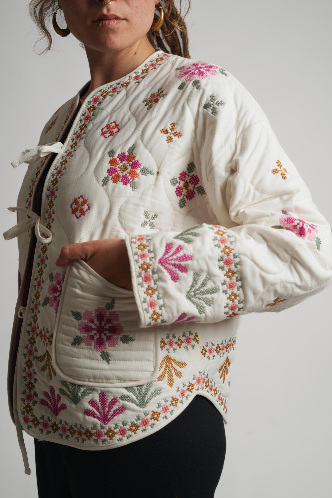 The "Lila" Quilted Jacket – Cream & Pink Folk Embroidery