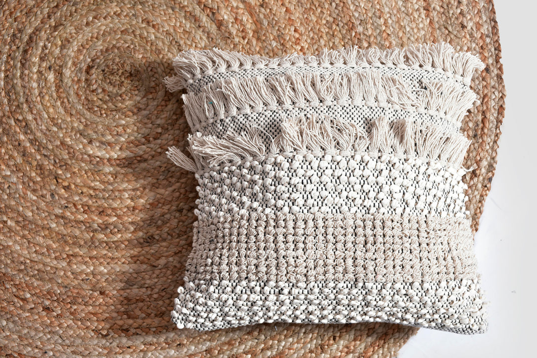 The Artisan’s Touch: 18x18" Hand-Woven Macramé Cushion Cover – Ivory Cotton Textured Pillow