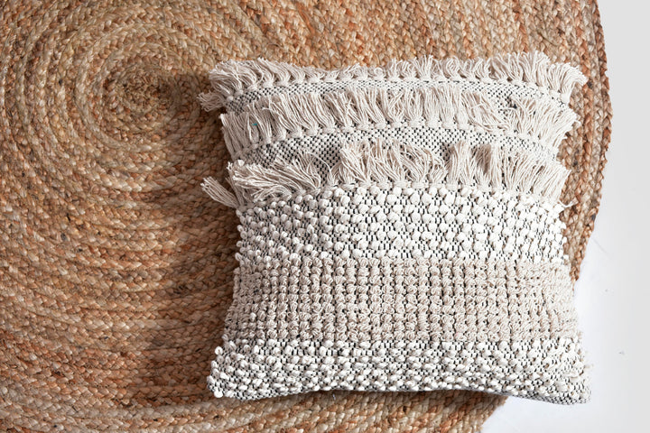 The Artisan’s Touch: 18x18" Hand-Woven Macramé Cushion Cover – Ivory Cotton Textured Pillow