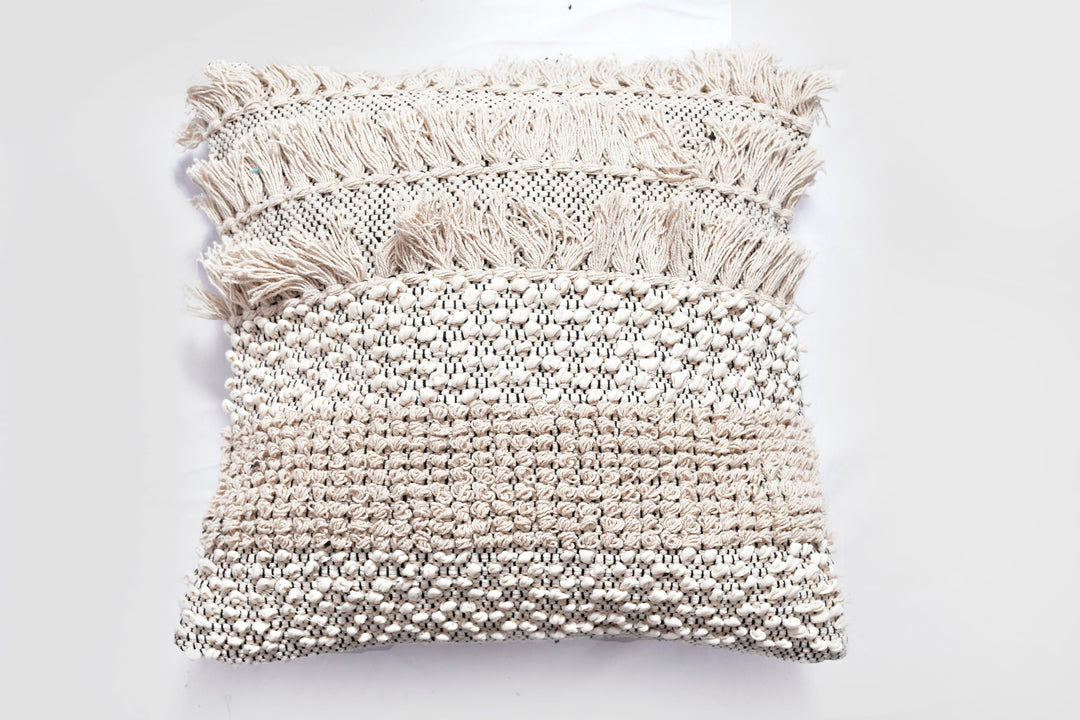 The Artisan’s Touch: 18x18" Hand-Woven Macramé Cushion Cover – Ivory Cotton Textured Pillow