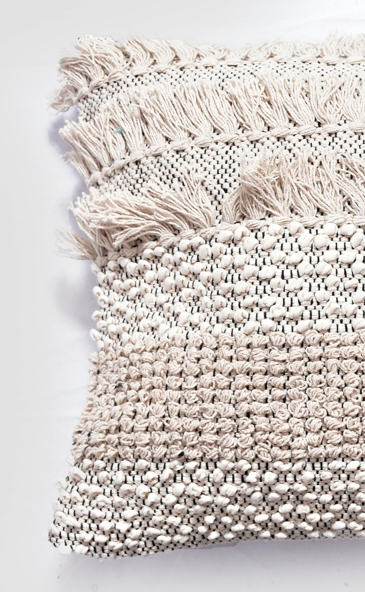 The Artisan’s Touch: 18x18" Hand-Woven Macramé Cushion Cover – Ivory Cotton Textured Pillow