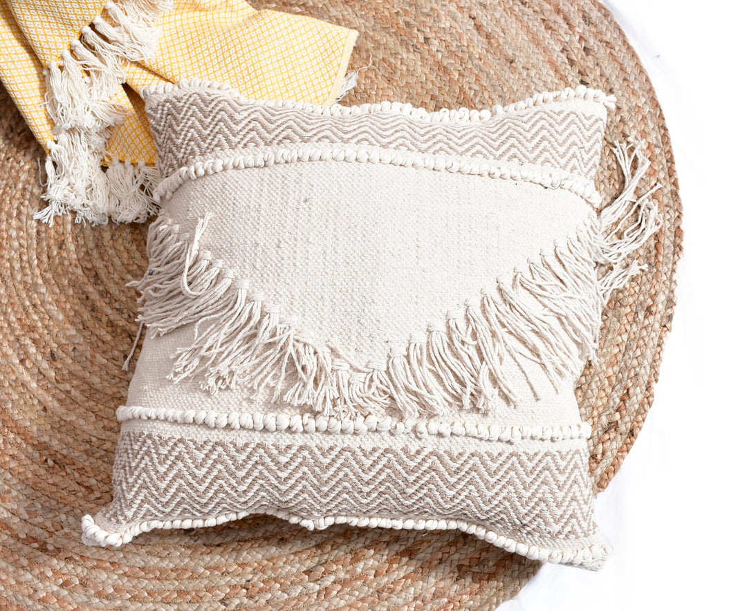 The Tassel Statement: Boho Fringe Textured Cushion Cover – 18" Square Hand-Woven Cotton