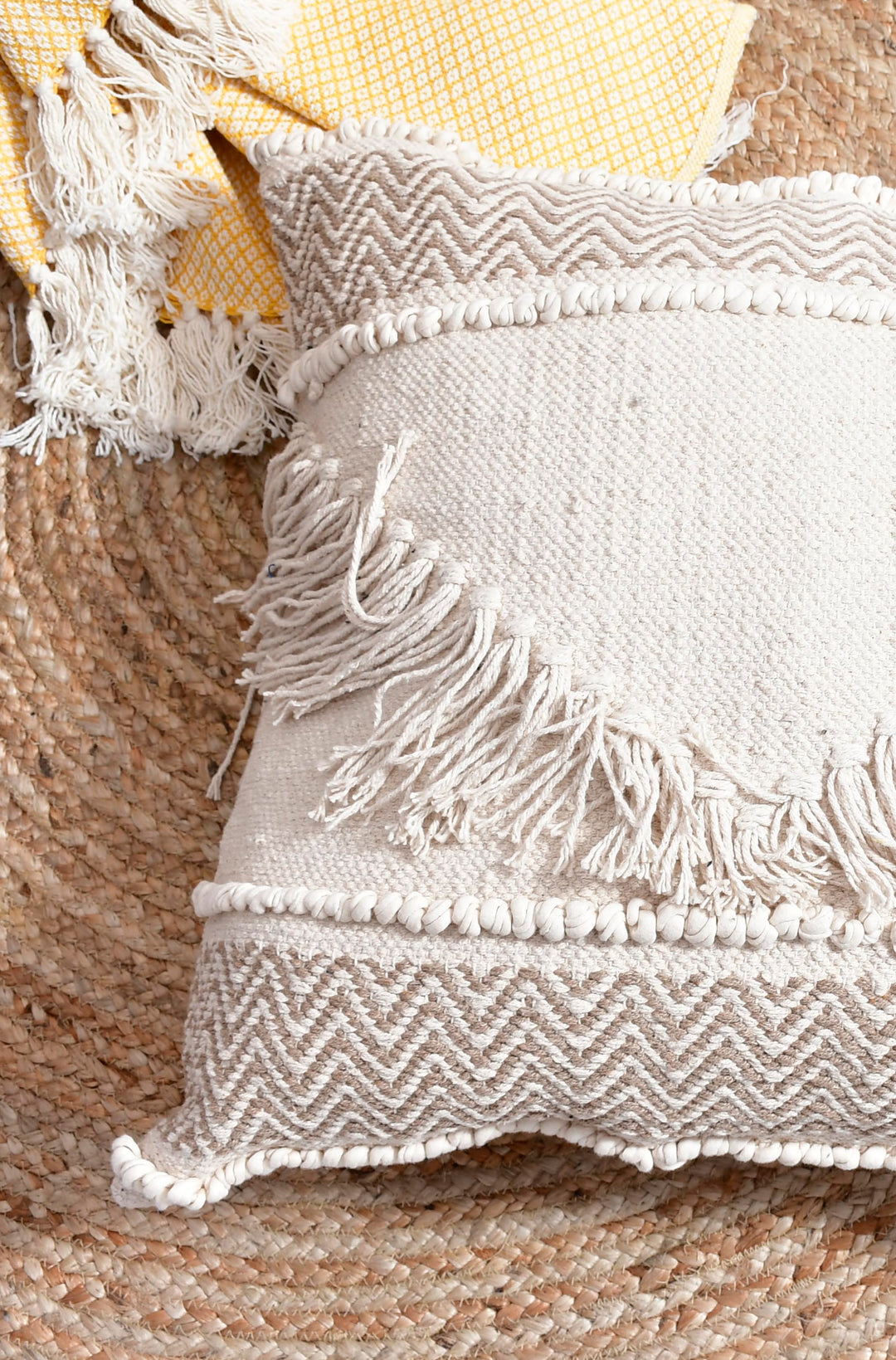 The Tassel Statement: Boho Fringe Textured Cushion Cover – 18" Square Hand-Woven Cotton