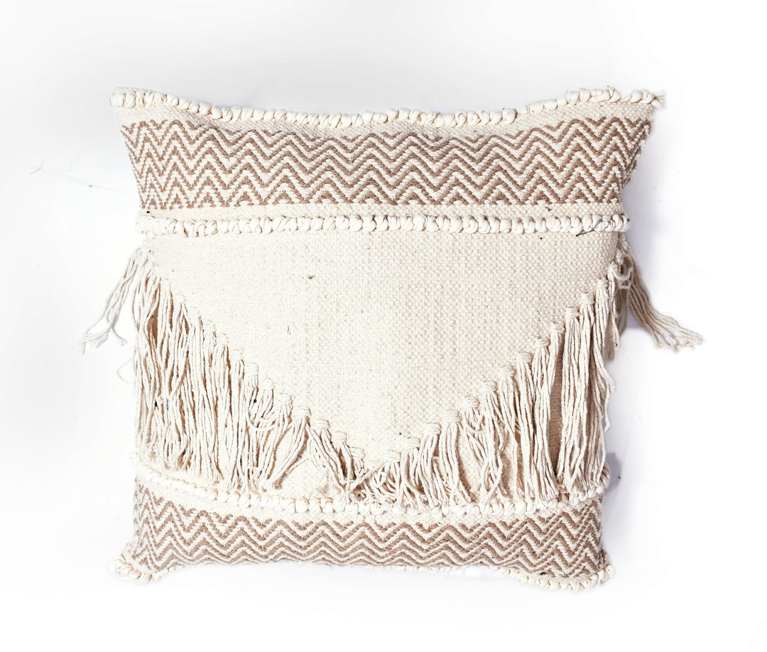 The Tassel Statement: Boho Fringe Textured Cushion Cover – 18" Square Hand-Woven Cotton