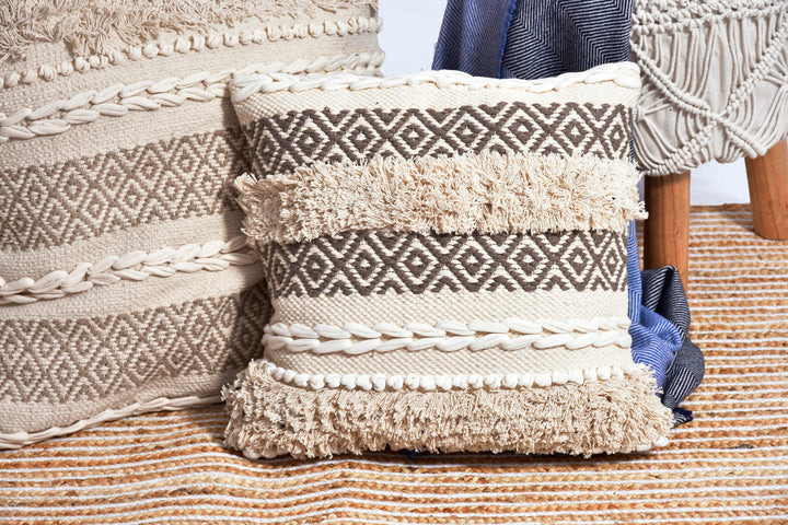 The Earthy Minimalist: Ivory Hand-Woven Cotton Cushion Cover – 18x18" Ethically Sourced