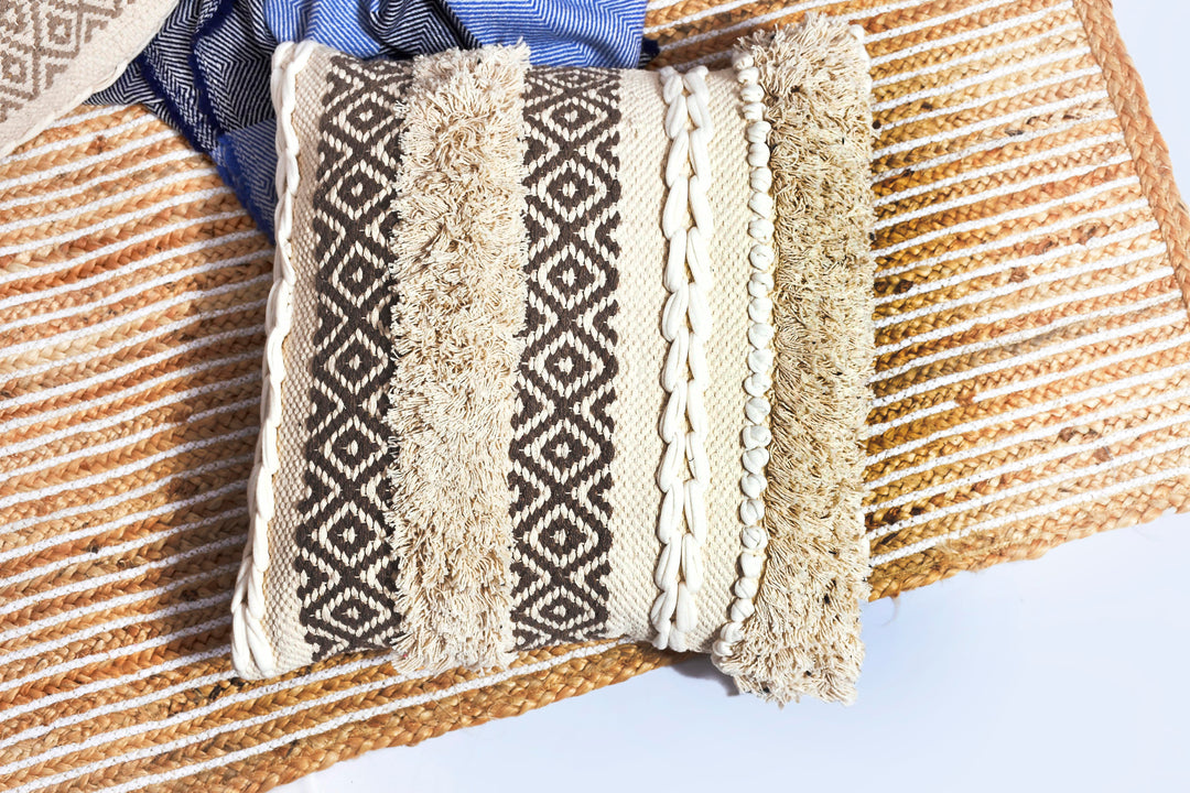 The Earthy Minimalist: Ivory Hand-Woven Cotton Cushion Cover – 18x18" Ethically Sourced