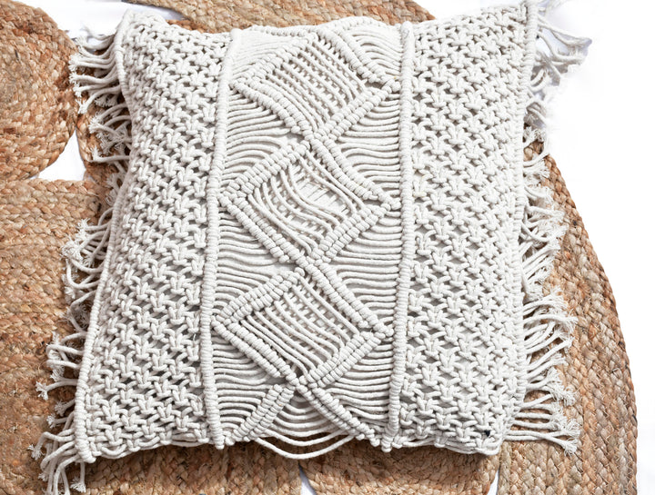 The Tribal Fringe: 18" Square Hand-Loomed Cushion – Intricate Macramé & Fringe Detail