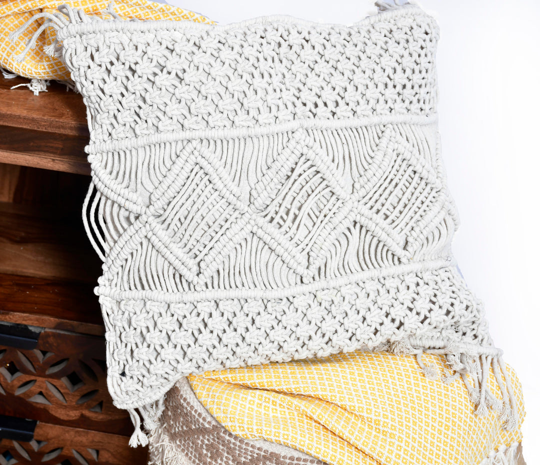 The Tribal Fringe: 18" Square Hand-Loomed Cushion – Intricate Macramé & Fringe Detail