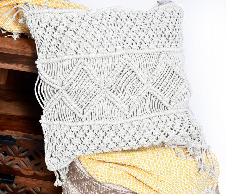 The Tribal Fringe: 18" Square Hand-Loomed Cushion – Intricate Macramé & Fringe Detail