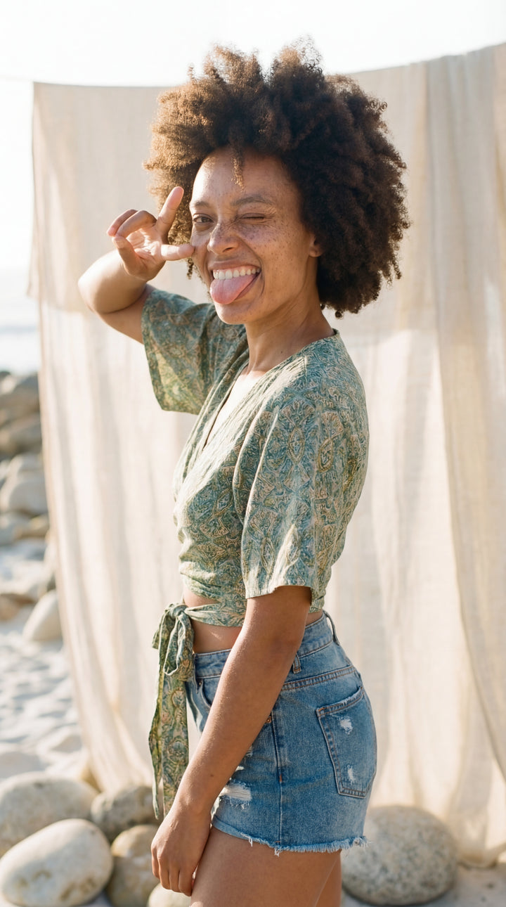The "Zia" Silk Wrap Top – Available in Sun Yellow, Burnt Orange & Teal Green