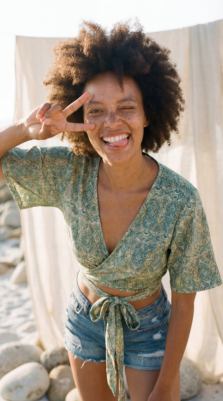 The "Zia" Silk Wrap Top – Available in Sun Yellow, Burnt Orange & Teal Green