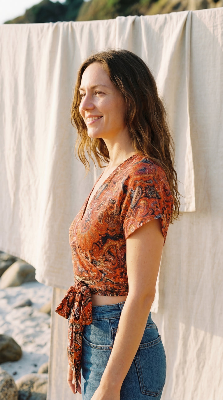 The "Zia" Silk Wrap Top – Available in Sun Yellow, Burnt Orange & Teal Green