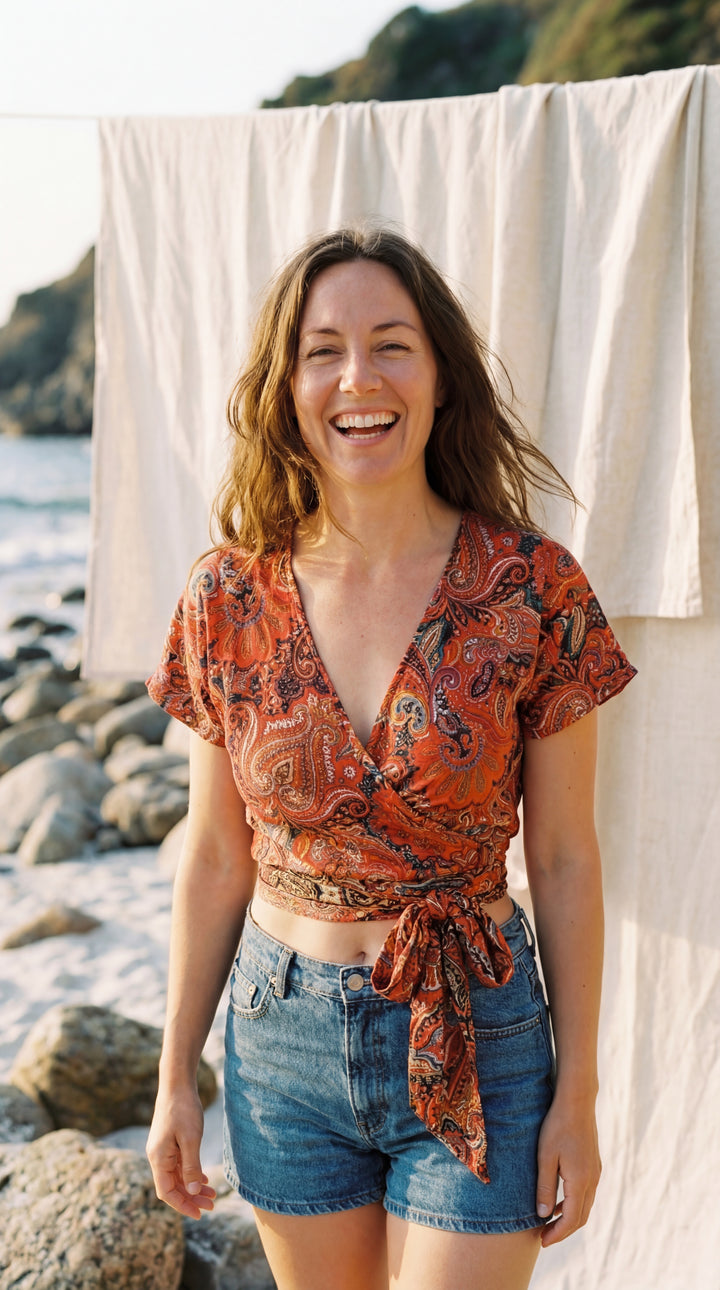 The "Zia" Silk Wrap Top – Available in Sun Yellow, Burnt Orange & Teal Green