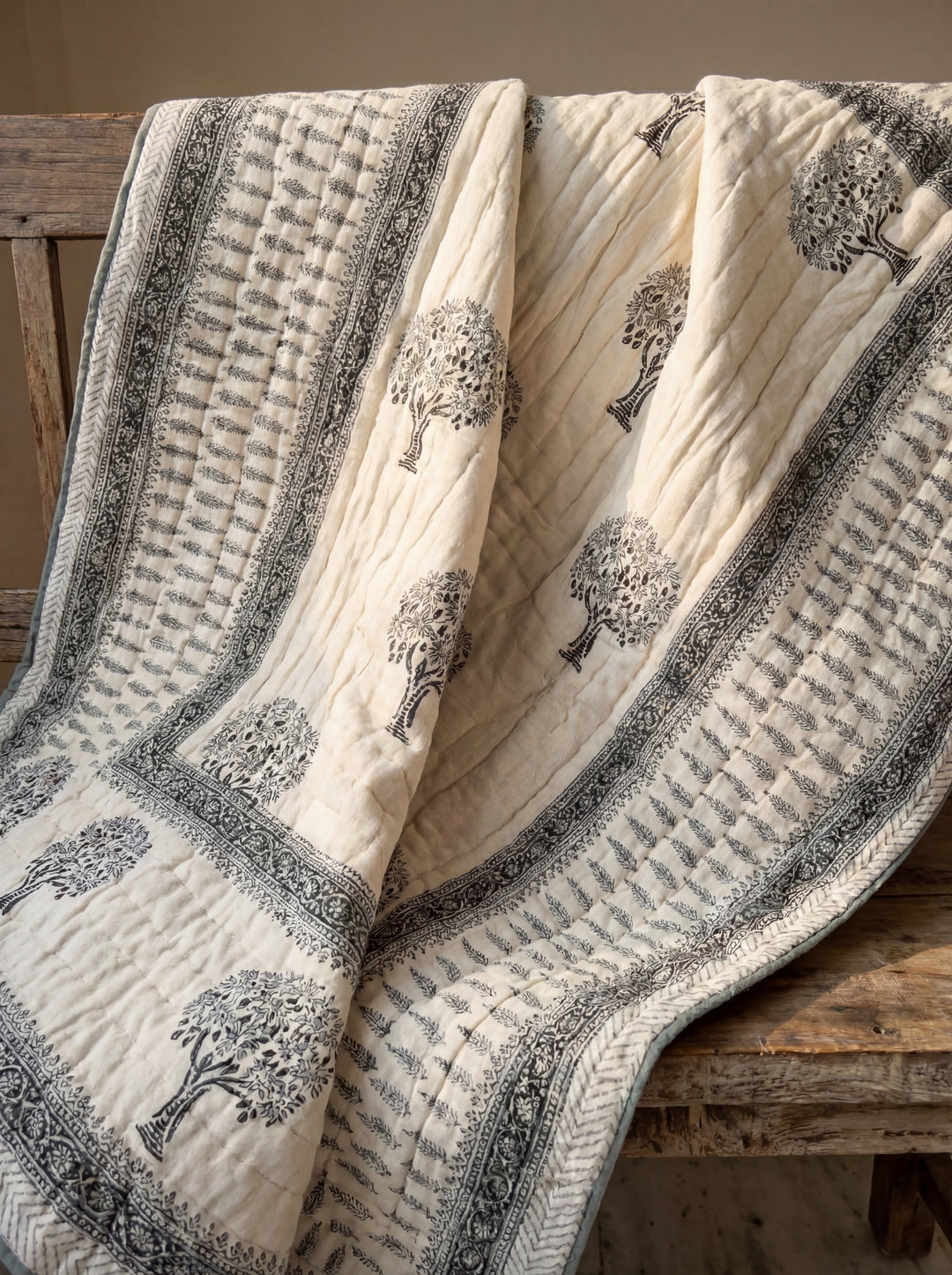 The Alabaster Tree of Life Quilt – 108x108" Monochrome White Organic Cotton Super King