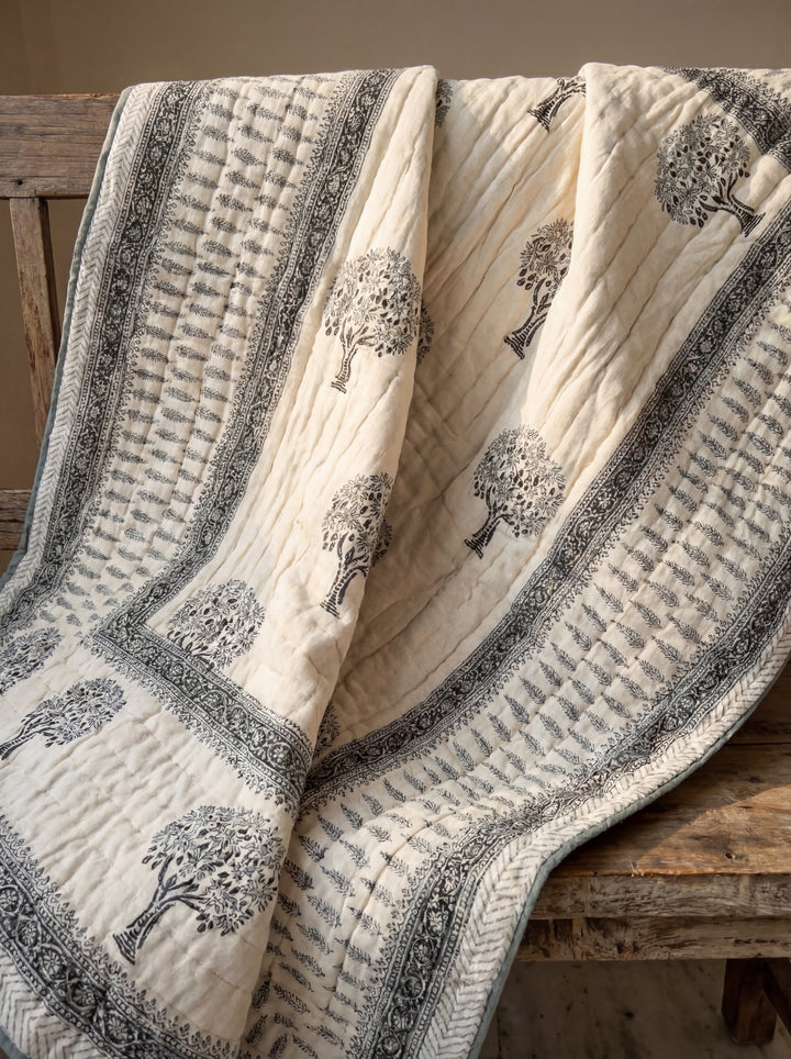 The Alabaster Tree of Life Quilt – 108x108" Monochrome White Organic Cotton Super King