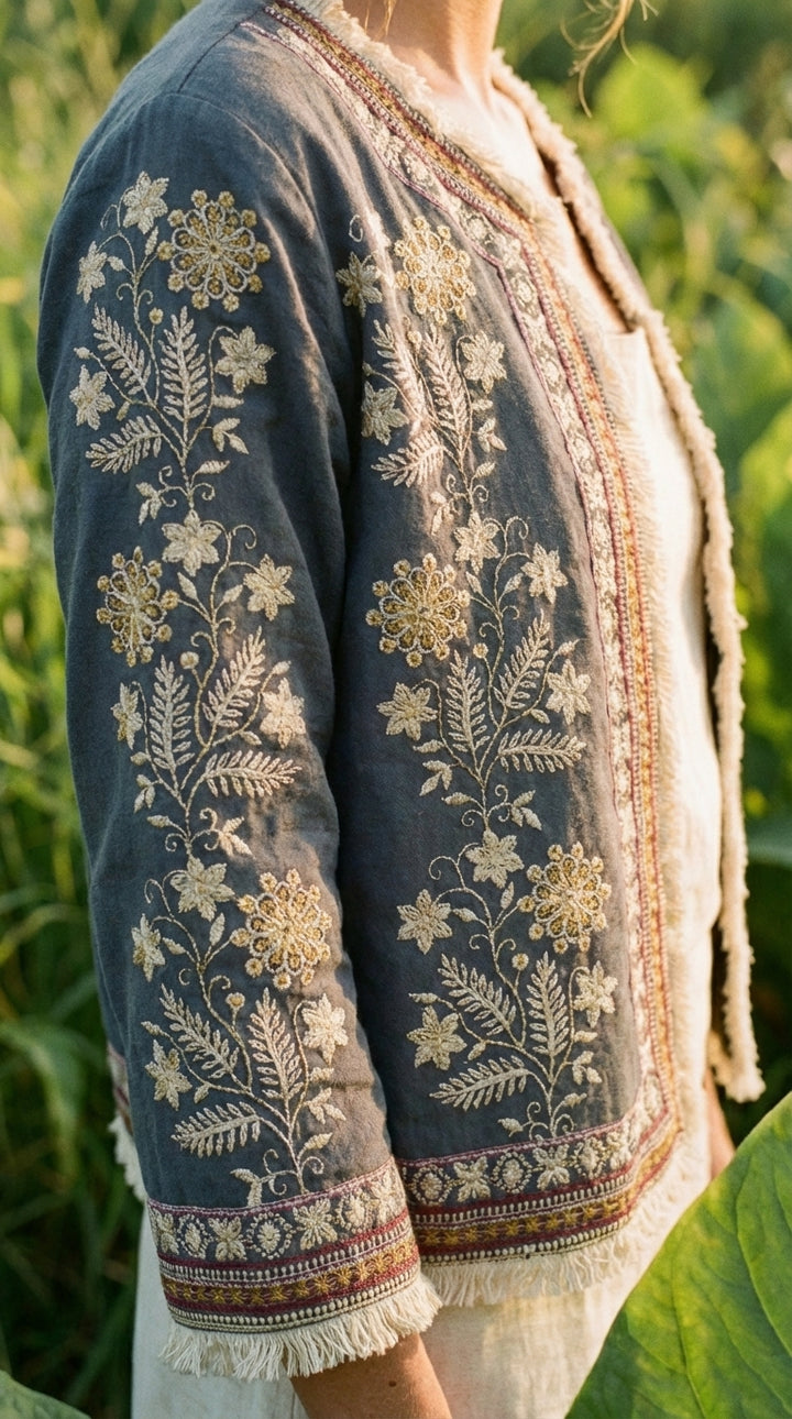 The "Inara" Cropped Heritage Embroidered Jacket – Gray with Fringe