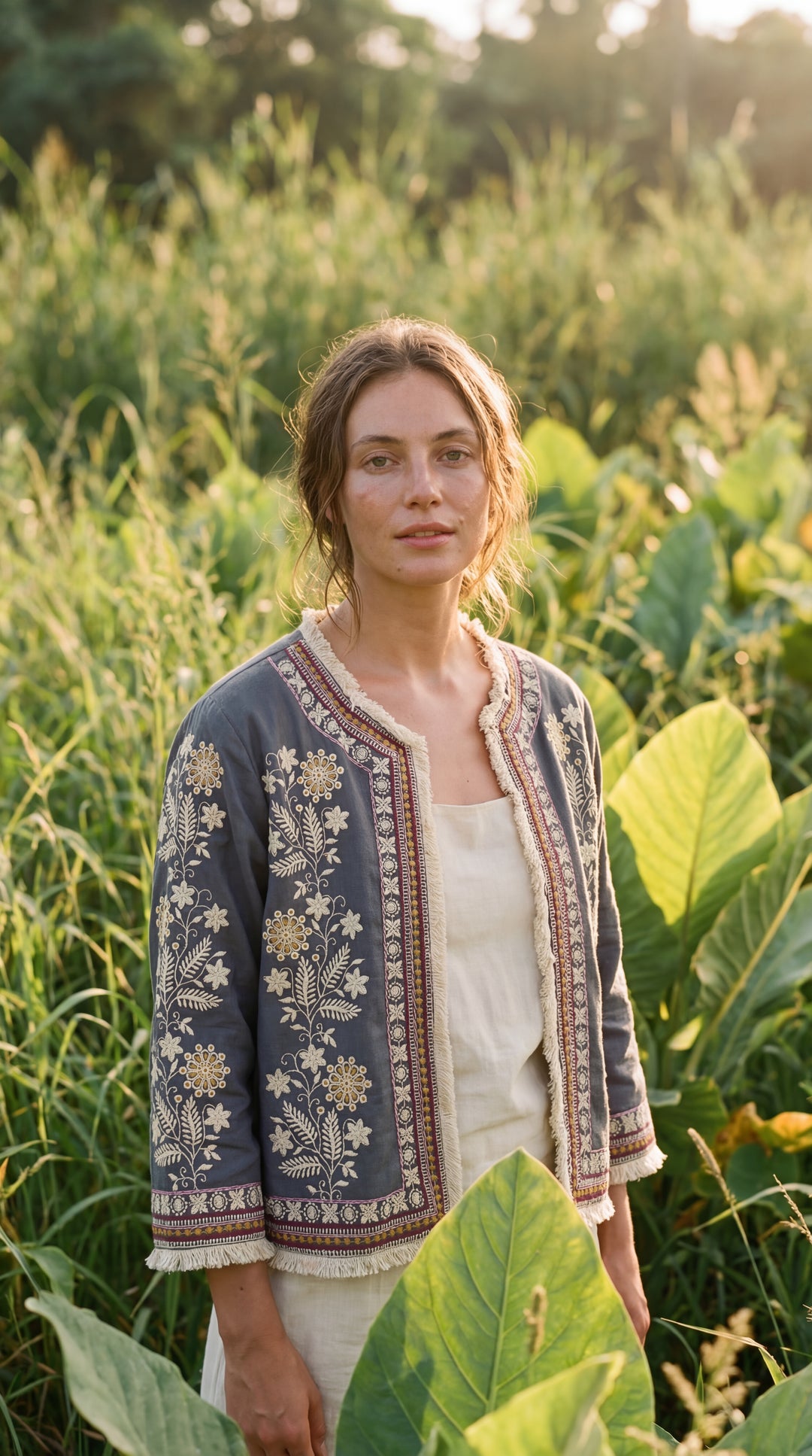 The "Inara" Cropped Heritage Embroidered Jacket – Gray with Fringe
