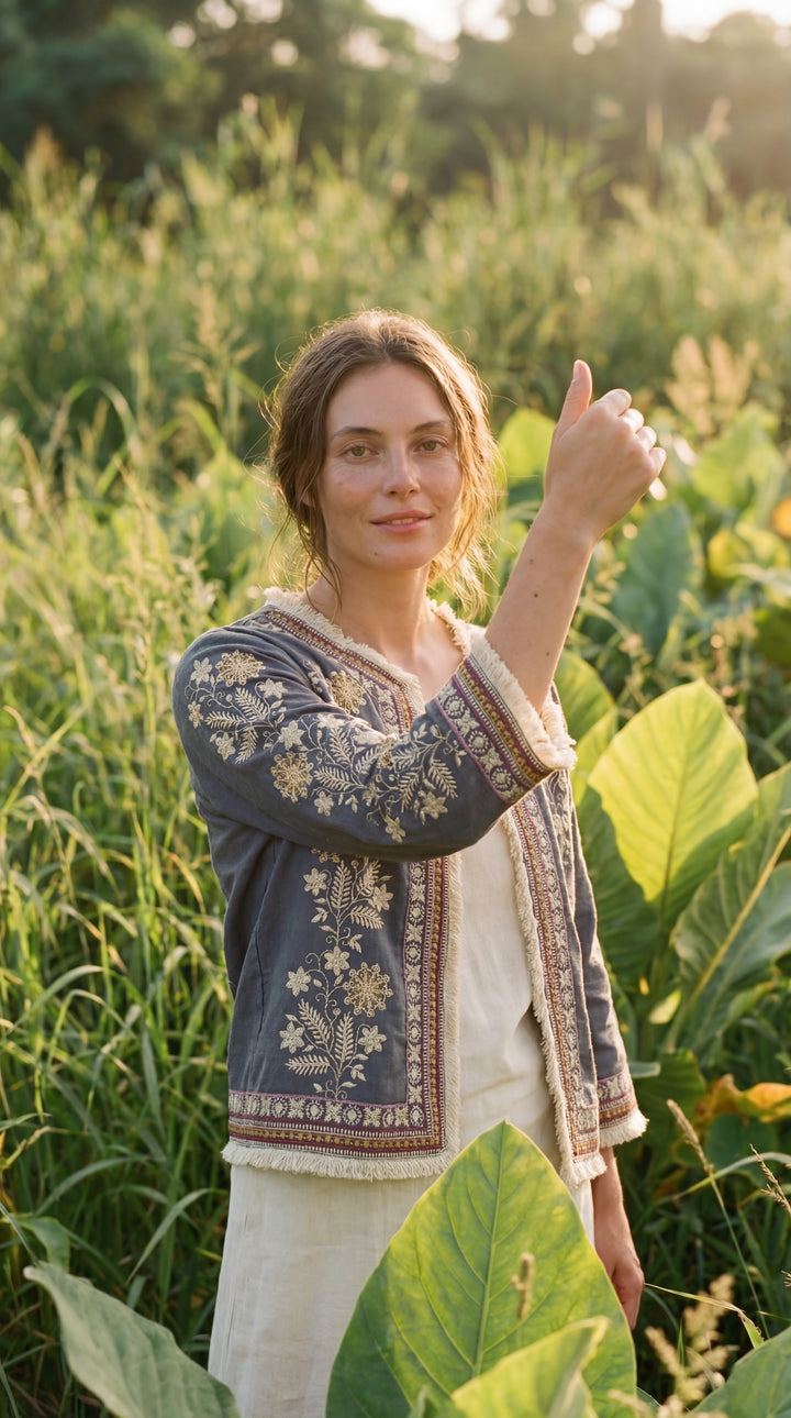 The "Inara" Cropped Heritage Embroidered Jacket – Gray with Fringe