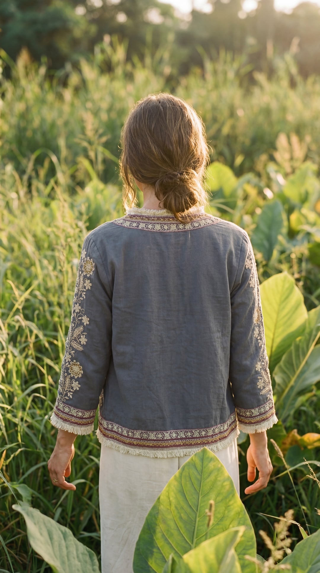 The "Inara" Cropped Heritage Embroidered Jacket – Gray with Fringe