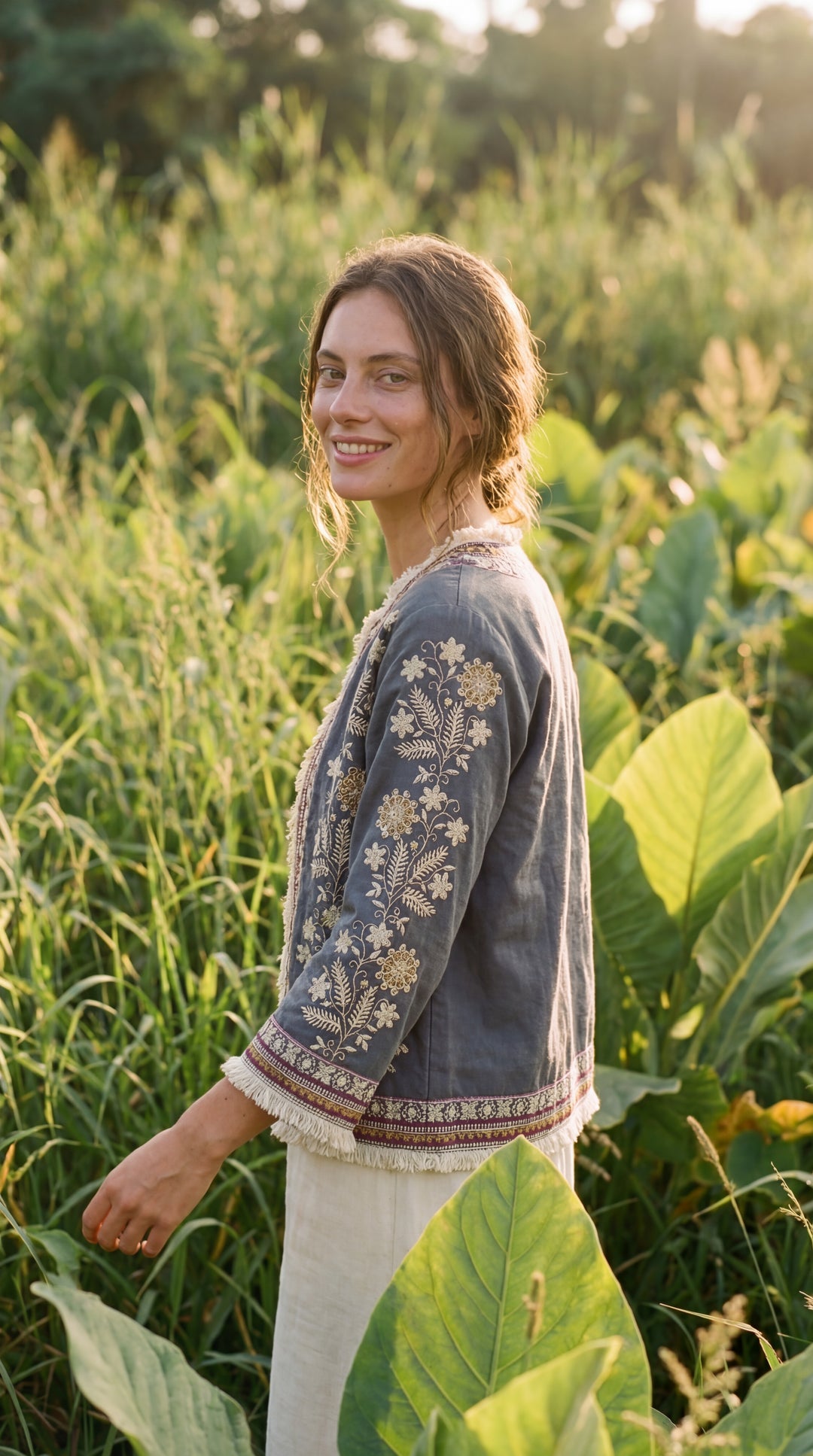 The "Inara" Cropped Heritage Embroidered Jacket – Gray with Fringe