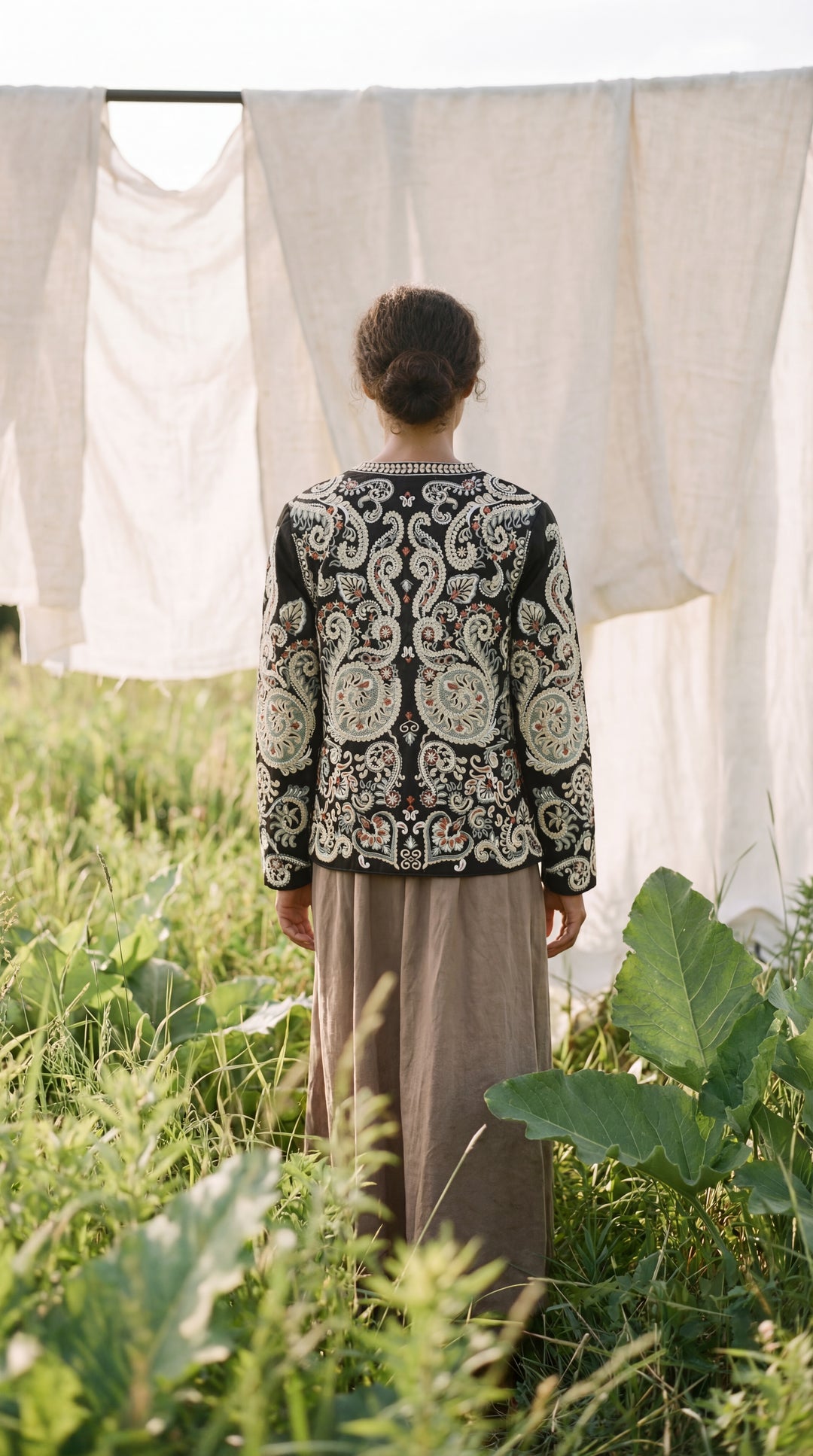 The "Kal" Heritage Jacket – Charcoal with Sage & Ochre Embroidery