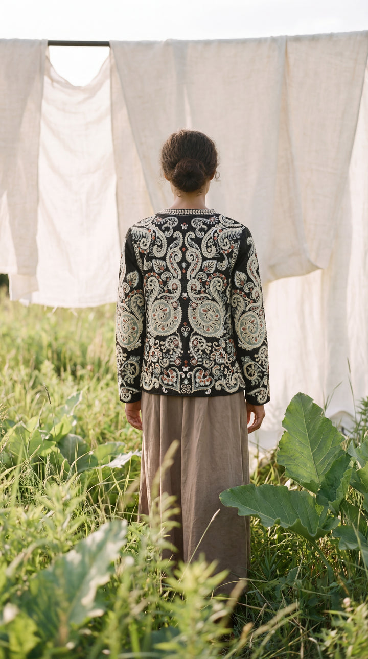 The "Kal" Heritage Jacket – Charcoal with Sage & Ochre Embroidery