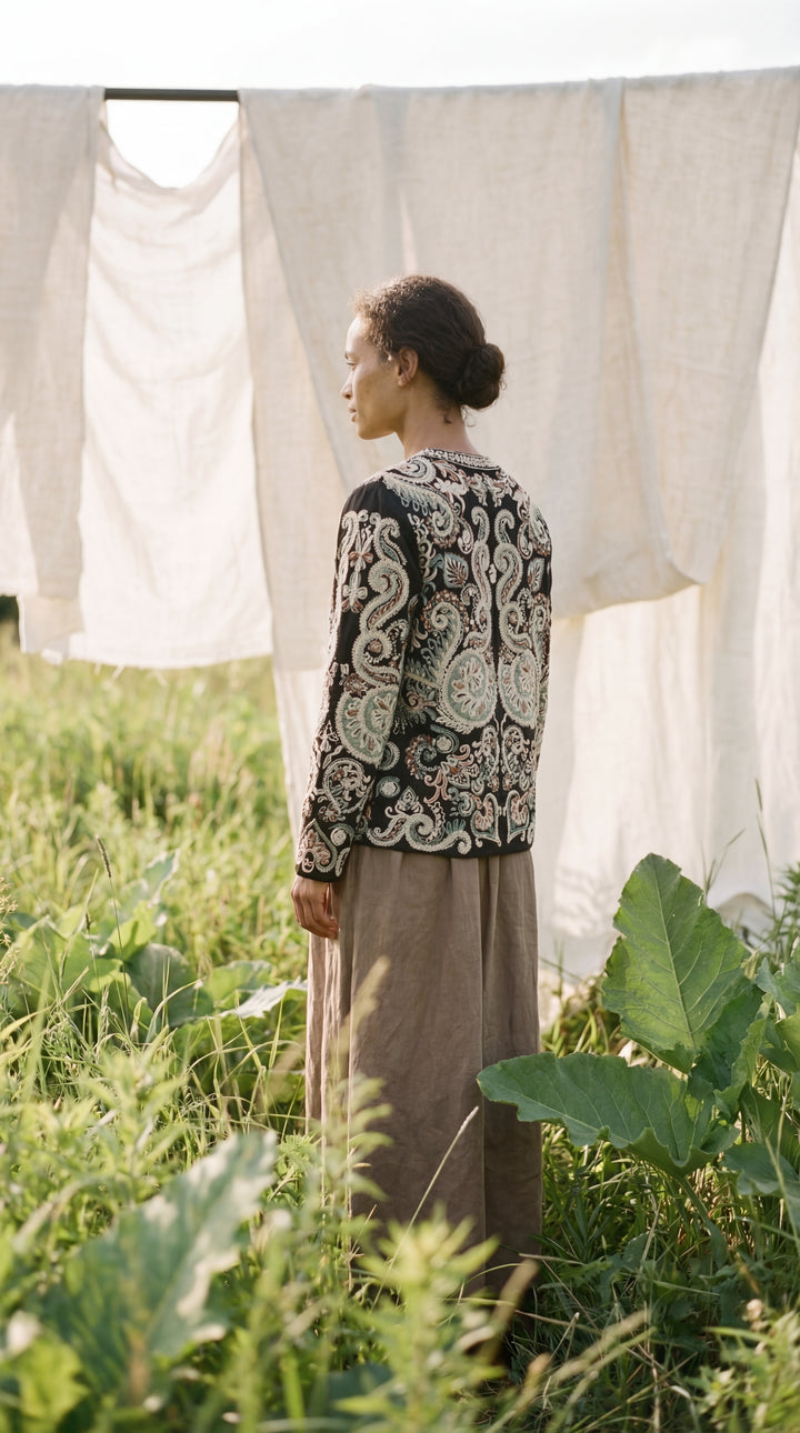 The "Kal" Heritage Jacket – Charcoal with Sage & Ochre Embroidery