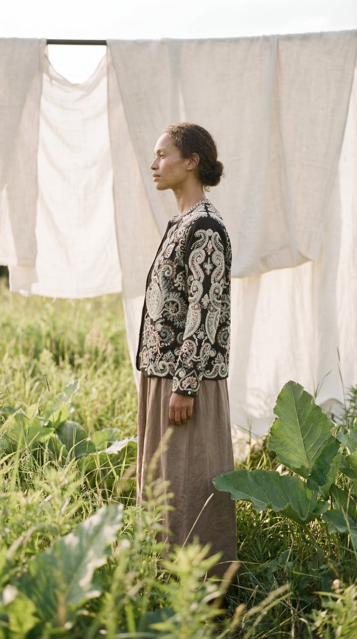 The "Kal" Heritage Jacket – Charcoal with Sage & Ochre Embroidery