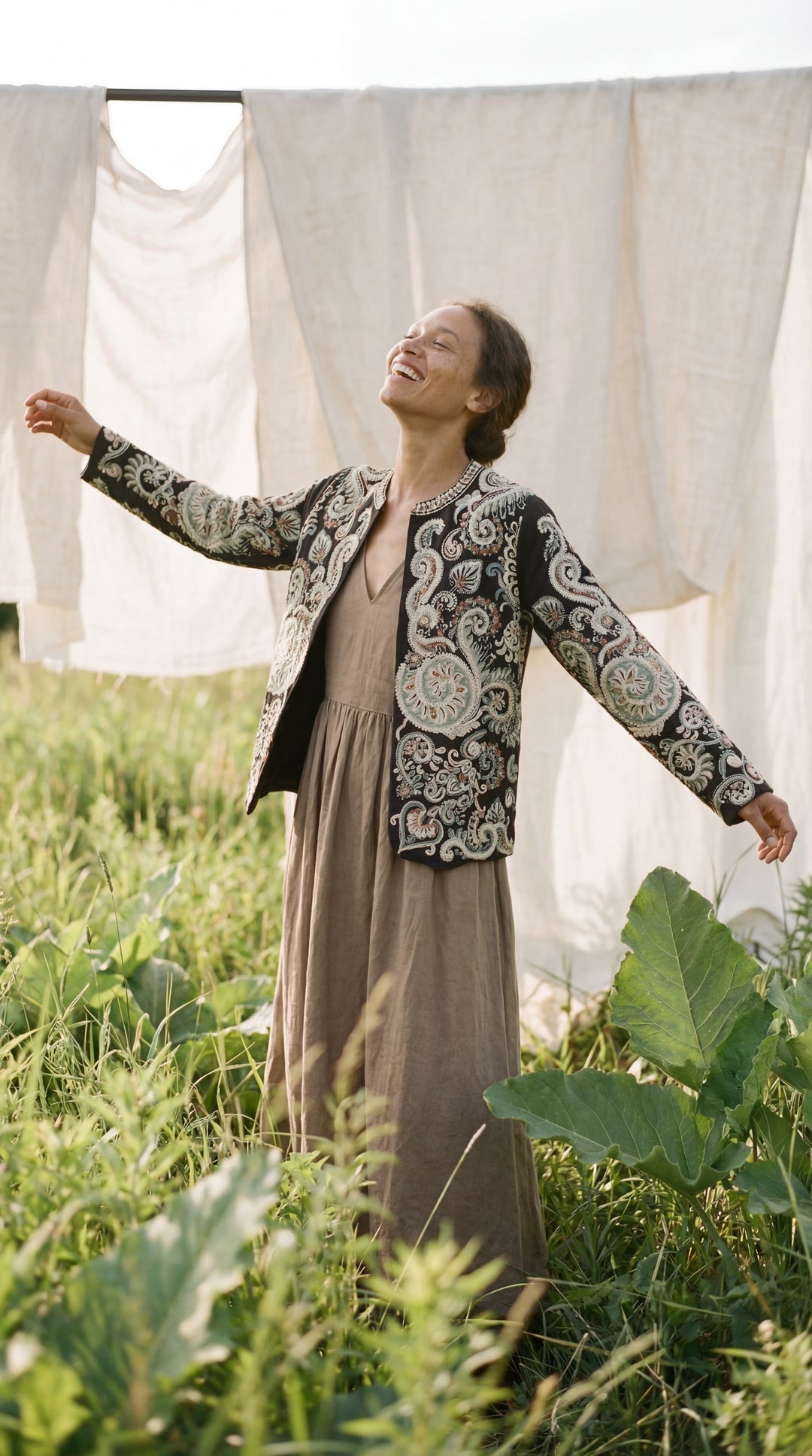 The "Kal" Heritage Jacket – Charcoal with Sage & Ochre Embroidery