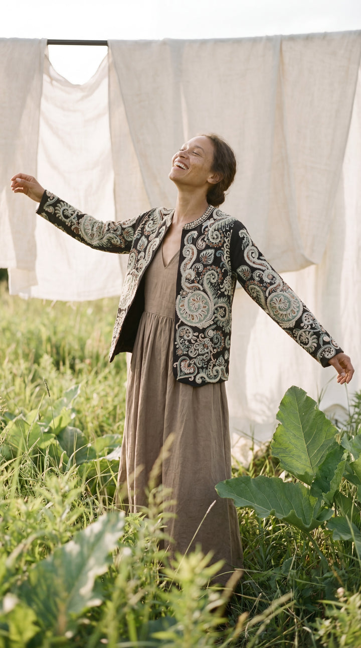 The "Kal" Heritage Jacket – Charcoal with Sage & Ochre Embroidery