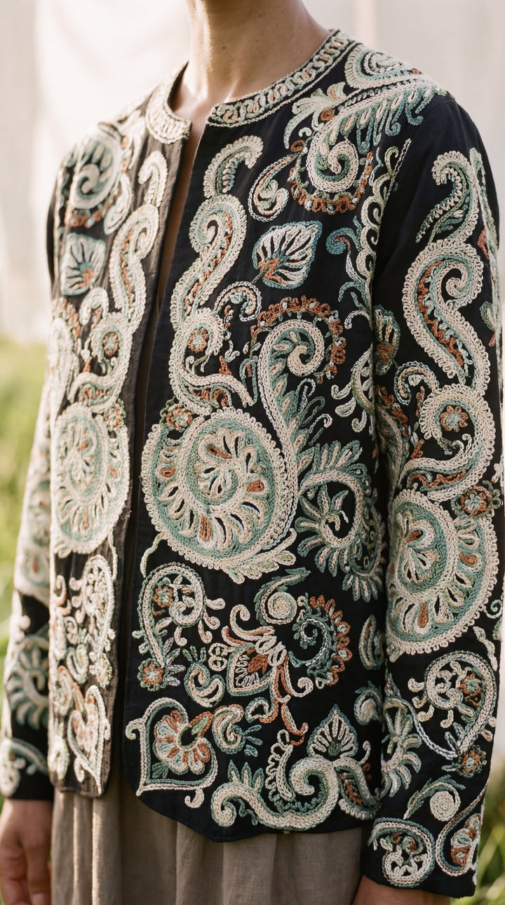 The "Kal" Heritage Jacket – Charcoal with Sage & Ochre Embroidery
