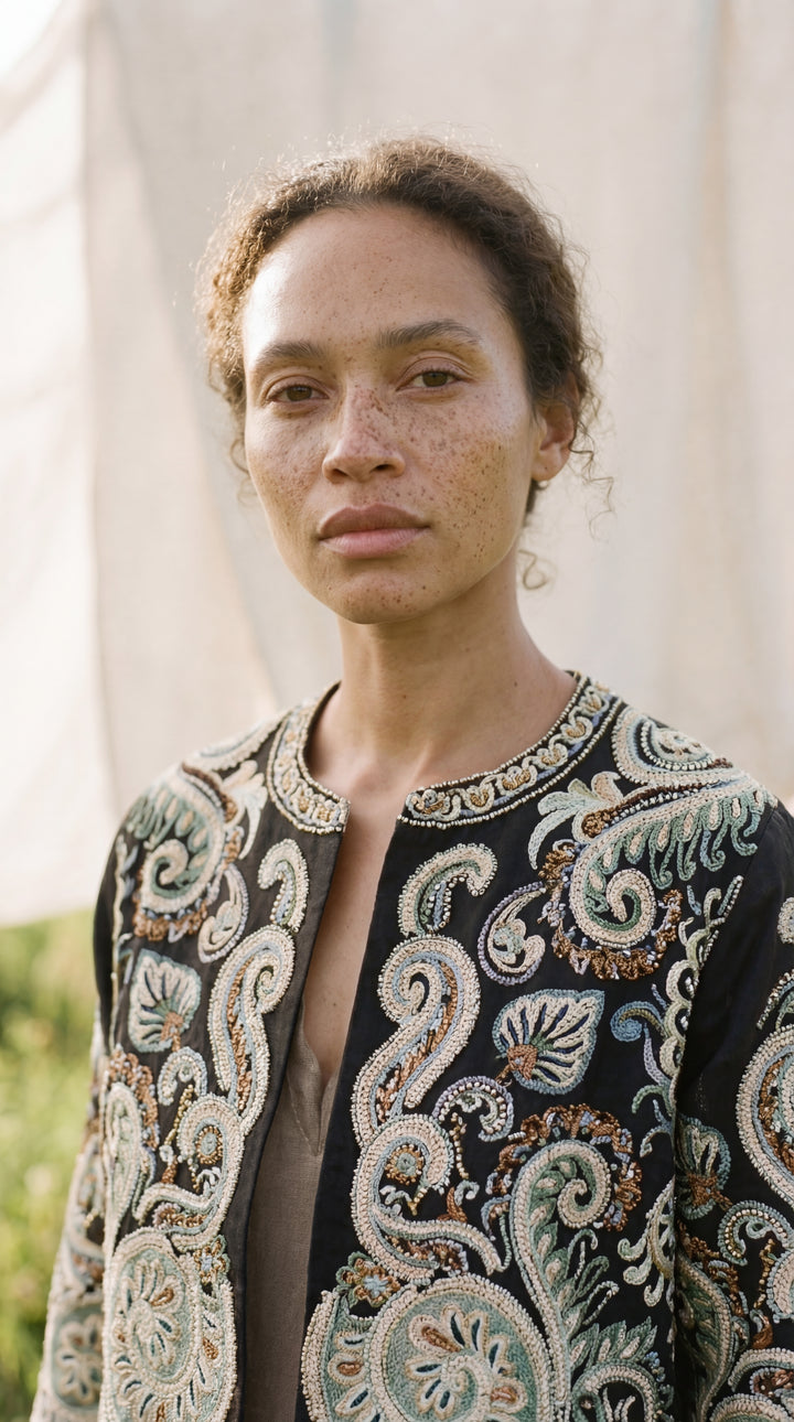 The "Kal" Heritage Jacket – Charcoal with Sage & Ochre Embroidery