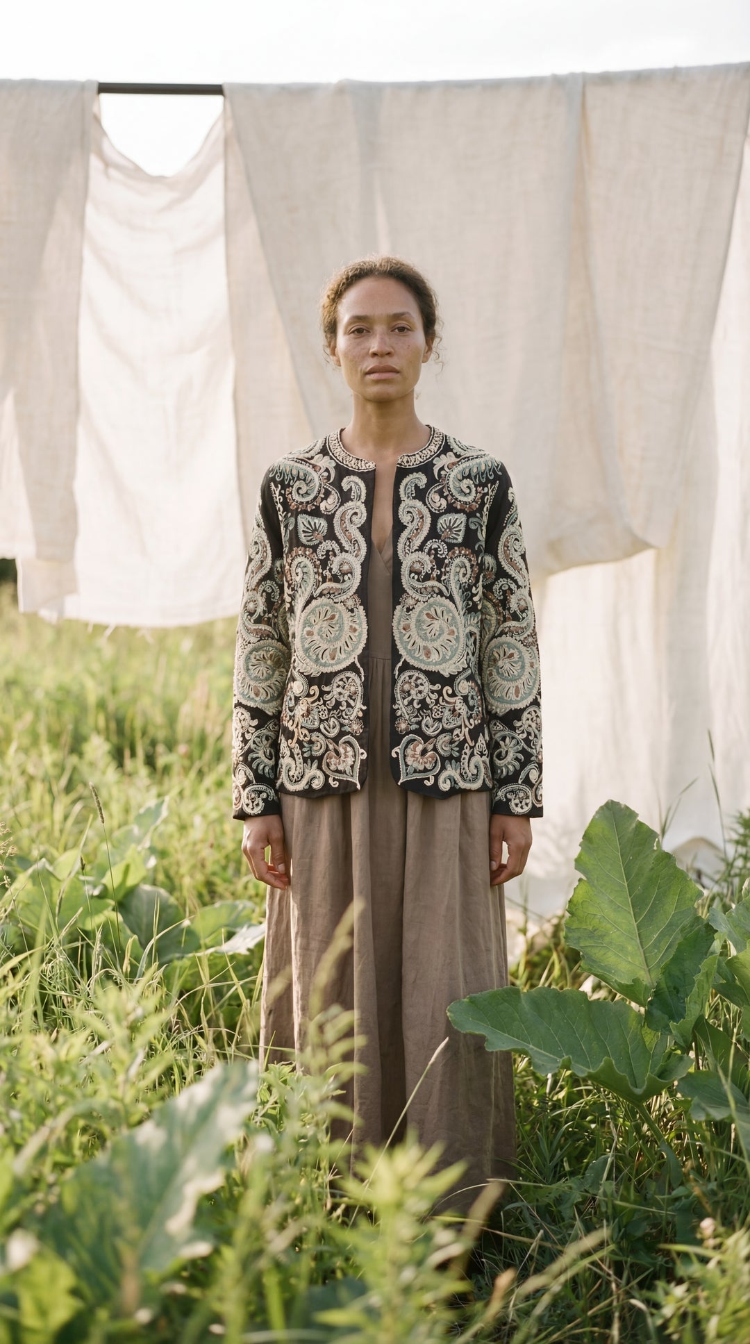 The "Kal" Heritage Jacket – Charcoal with Sage & Ochre Embroidery