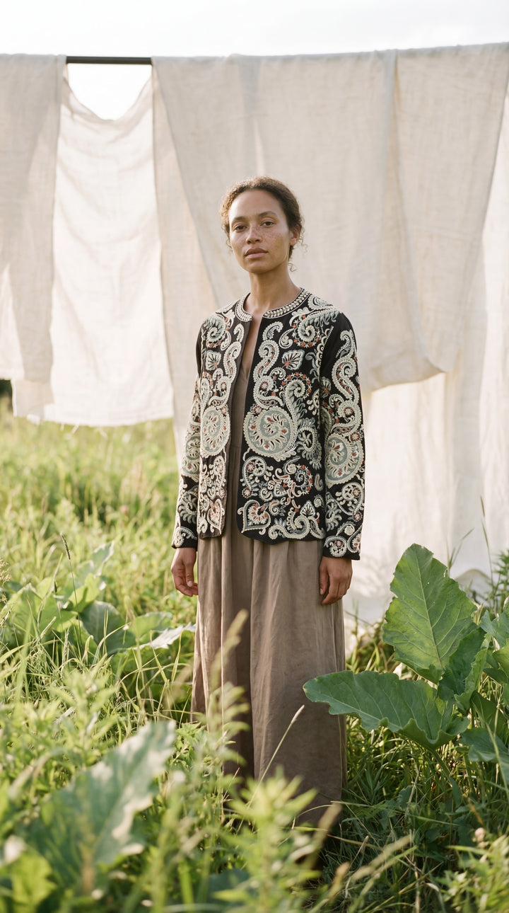 The "Kal" Heritage Jacket – Charcoal with Sage & Ochre Embroidery