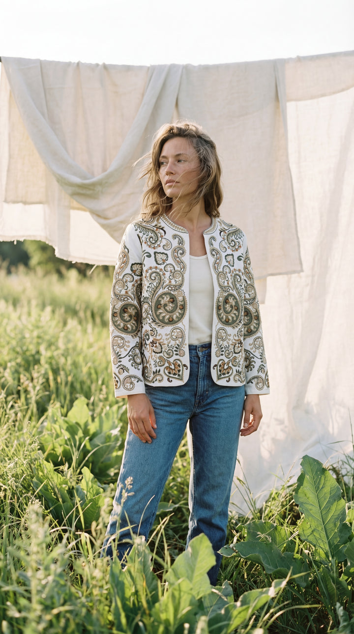 The "Kal" Heritage Jacket – Charcoal with Sage & Ochre Embroidery