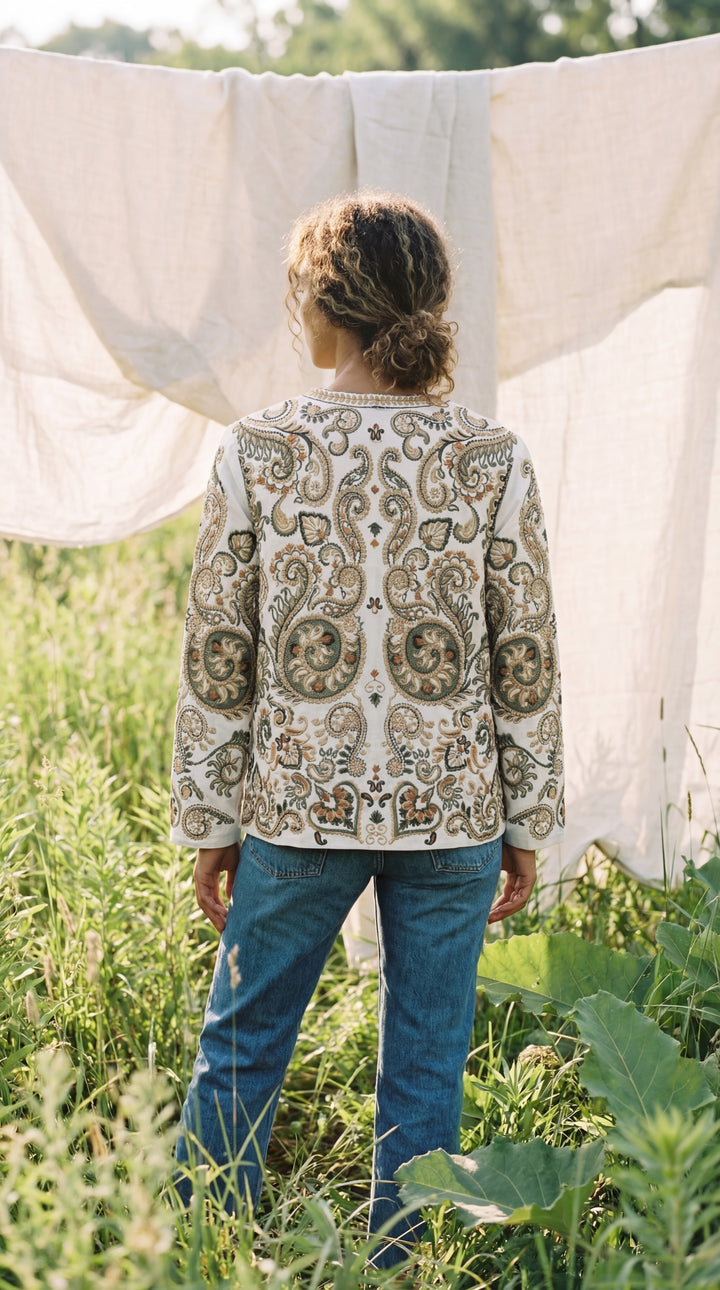 The "Kal" Heritage Jacket – Charcoal with Sage & Ochre Embroidery
