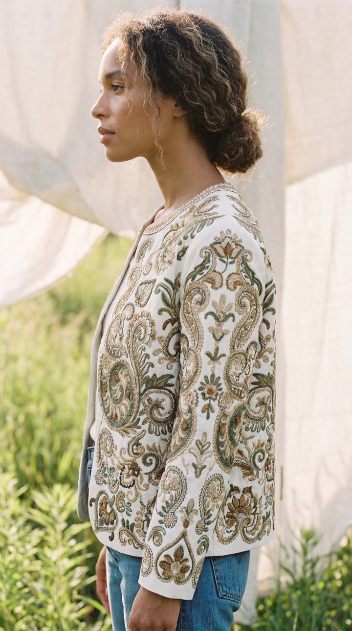 The "Kal" Heritage Jacket – Charcoal with Sage & Ochre Embroidery