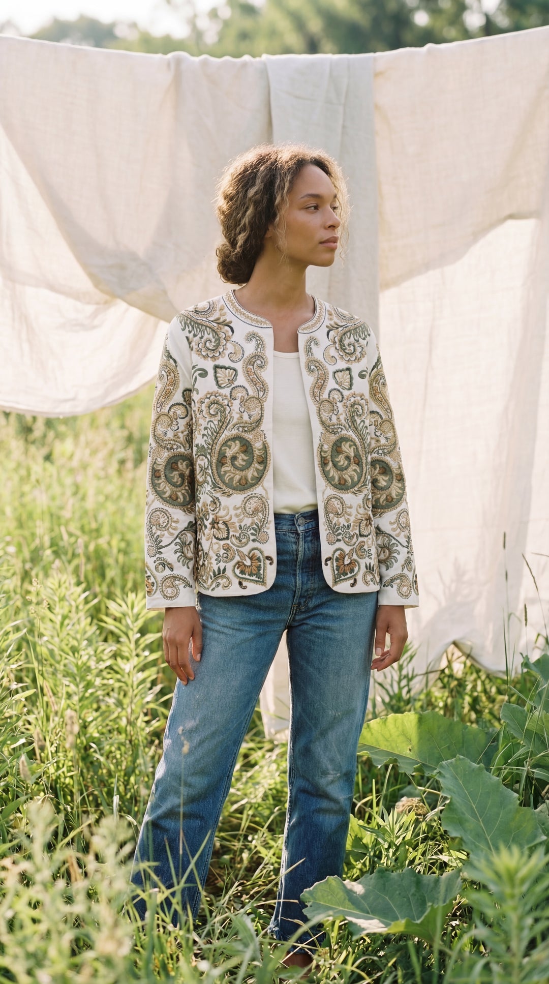 The "Kal" Heritage Jacket – Charcoal with Sage & Ochre Embroidery