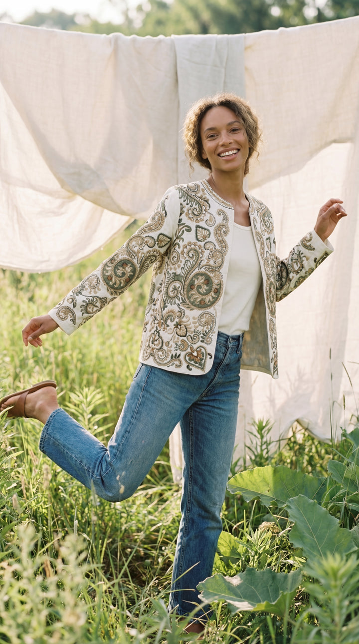 The "Kal" Heritage Jacket – Charcoal with Sage & Ochre Embroidery