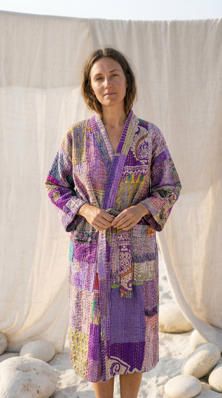 The "Anandi" Kantha Robe – Hand-Stitched Vintage Silk Kimono