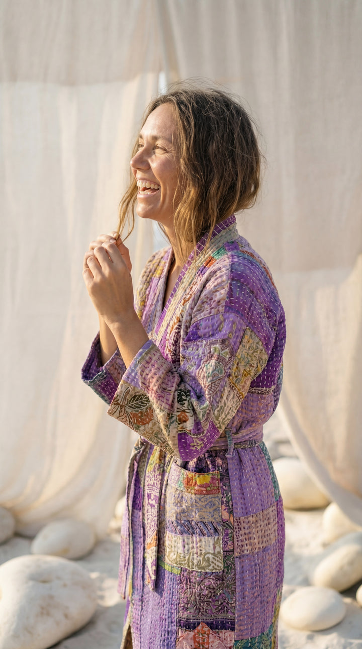 The "Anandi" Kantha Robe – Hand-Stitched Vintage Silk Kimono