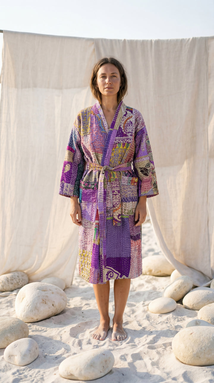 The "Anandi" Kantha Robe – Hand-Stitched Vintage Silk Kimono