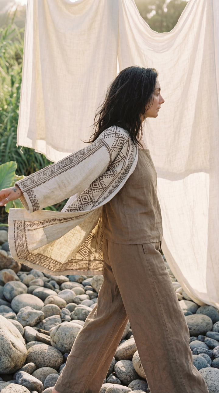 The "Kishor" Artisan Kimono – Natural Earth Geometric Print